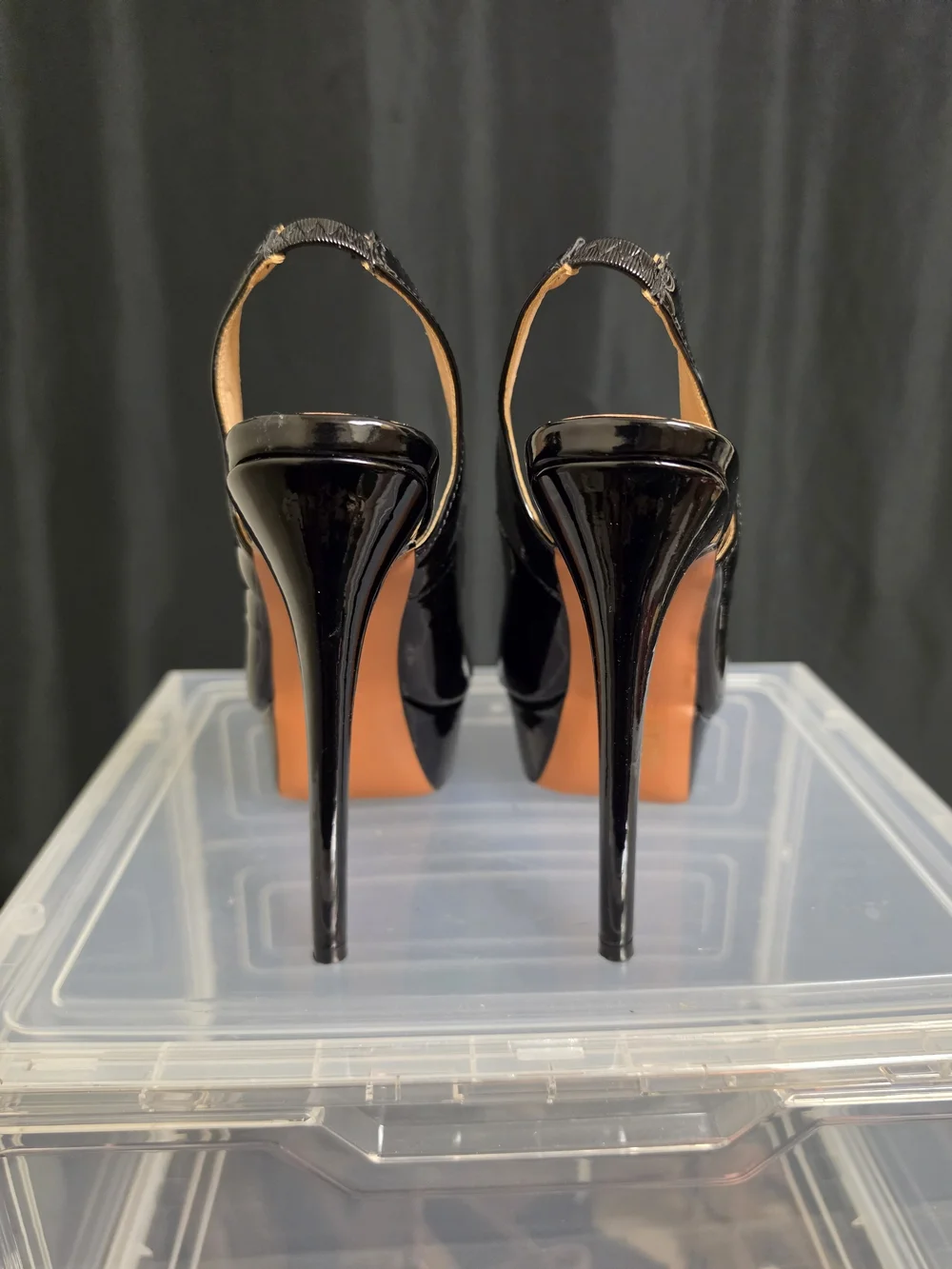 Patent Black Peep-Toe Platform Slingback Heels